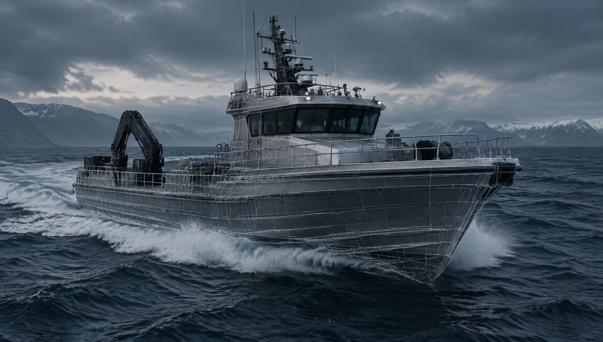 Aluminium workboat underway at sea with CAD hull line overlay