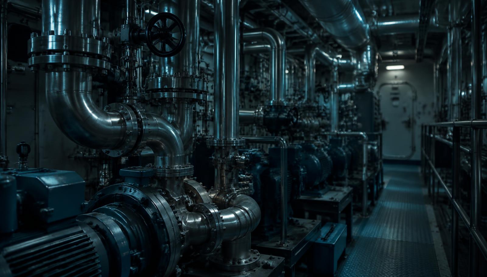 Marine piping and equipment arrangement inside a vessel engine room